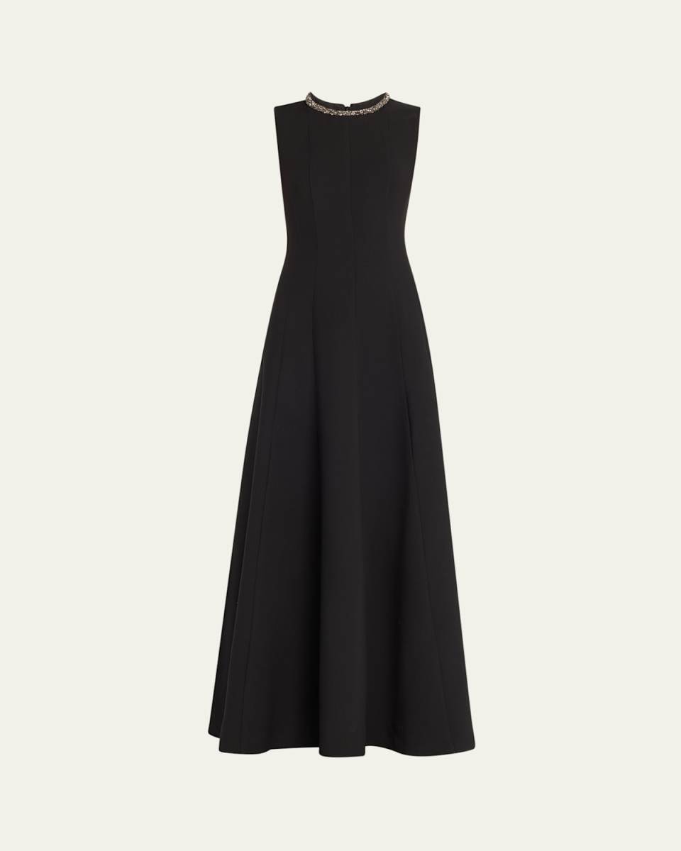 Fit-and-Flare Wool Silk Dress with Diamante Neck